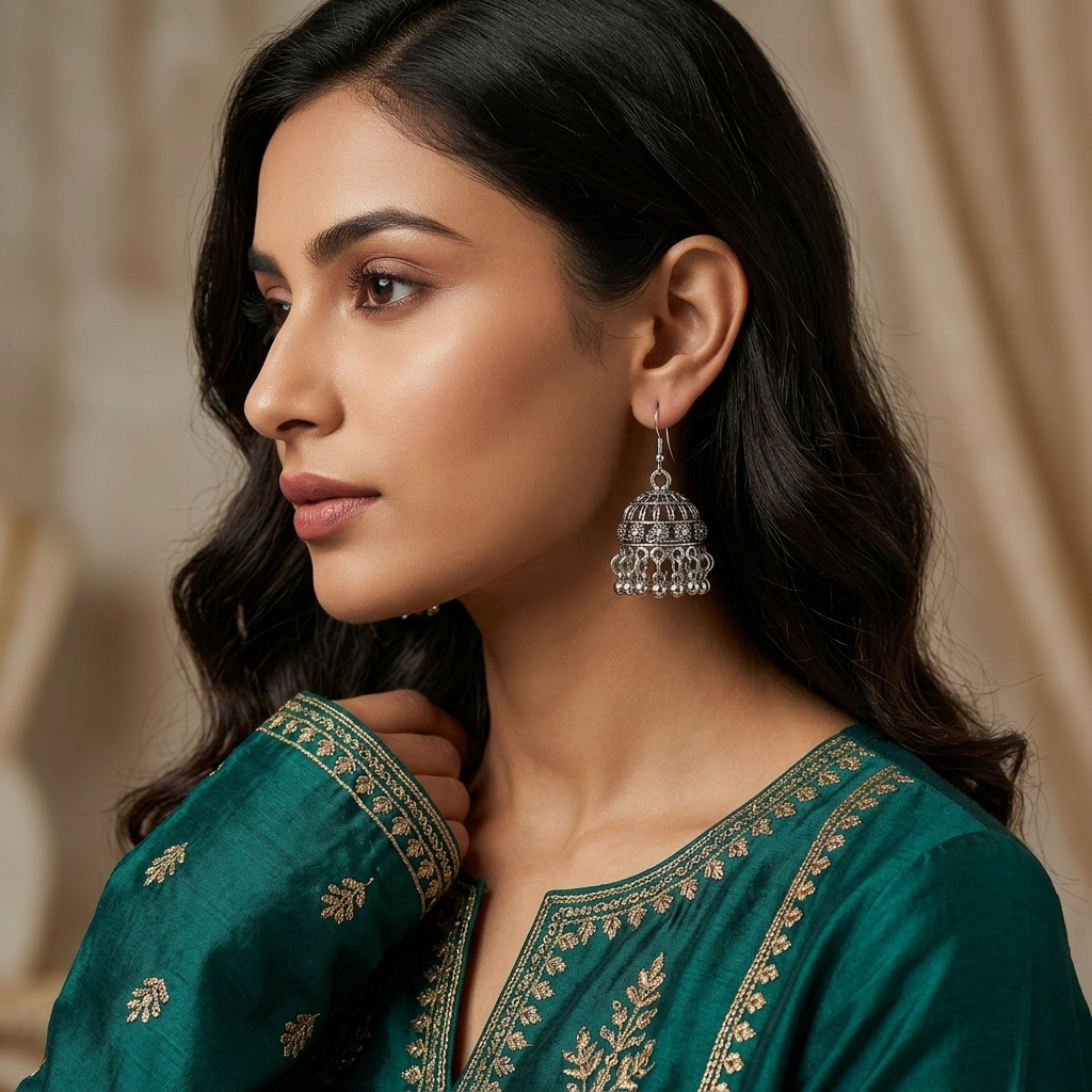 Oxidised Silver Jhumka Earrings – Traditional Drop Dangle Design