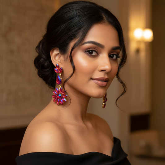 Luxury Floral Crystal Statement Earrings with Dual-Tone Stone Finish-Stainless steel