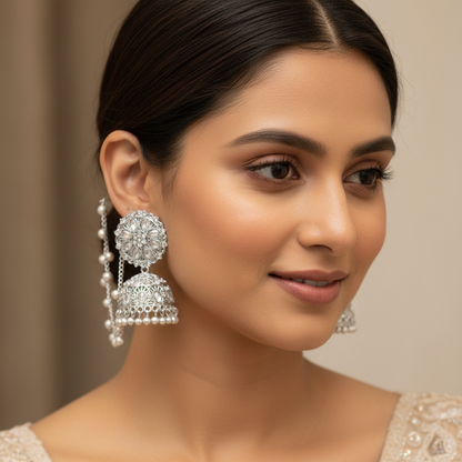 Oxidised Silver Jhumka Earrings with Chain & Stone Detailing-Stainless steel