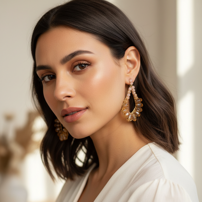 Blush Crystal Teardrop Hoop Earrings with Gold Detailing