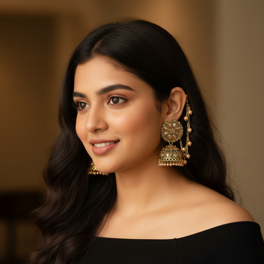 Oxidised Silver Jhumka Earrings with Chain & Stone Detailing-Stainless steel
