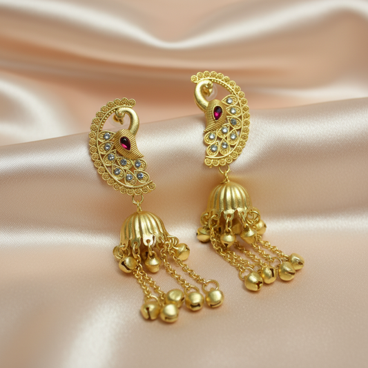 Gold Peacock Jhumka Earrings with Pearl Drops-Stainless steel