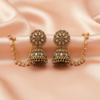Oxidised Silver Jhumka Earrings with Chain & Stone Detailing-Stainless steel