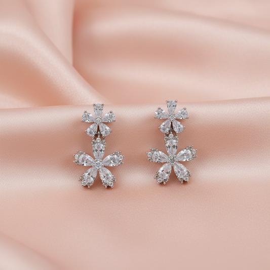 Silver Crystal Floral Drop Earrings-Stainless steel