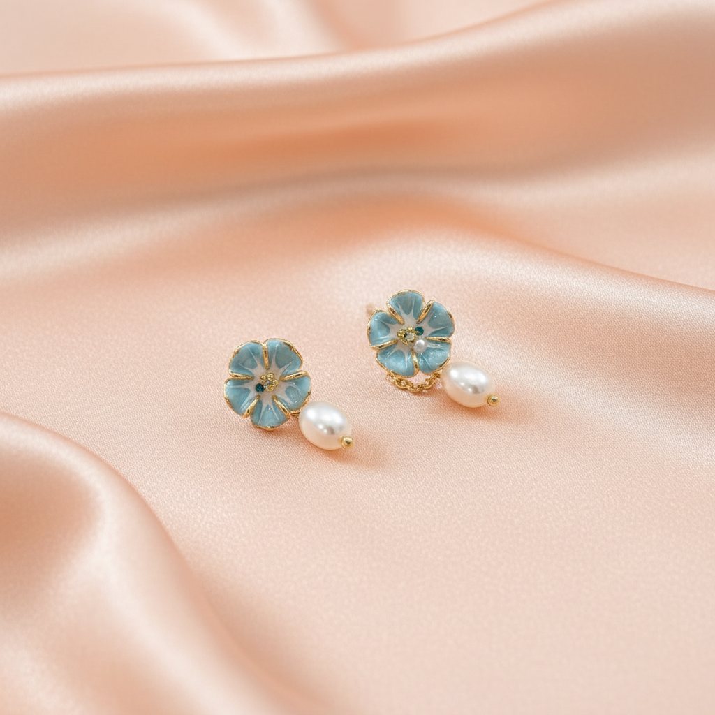 Blue Floral Pearl Drop Earrings –  Silver Cute Mismatch Design- Stainless steel