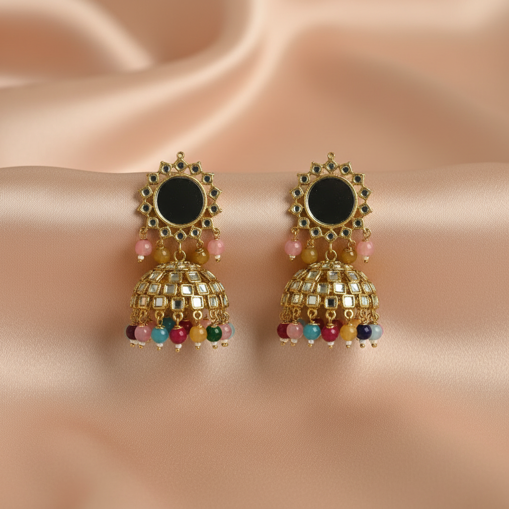 Golden Mirror Statement Earrings with Mangtika with Pastel Beads- Stainless steel