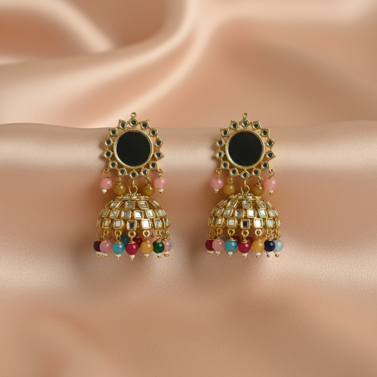 Golden Mirror Earrings with Maangtika – Pastel Bead Ethnic Jewellery India