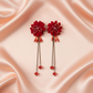 Red Floral Statement Earrings with Crystal Beads & Long Tassel Drops-Stainless steel