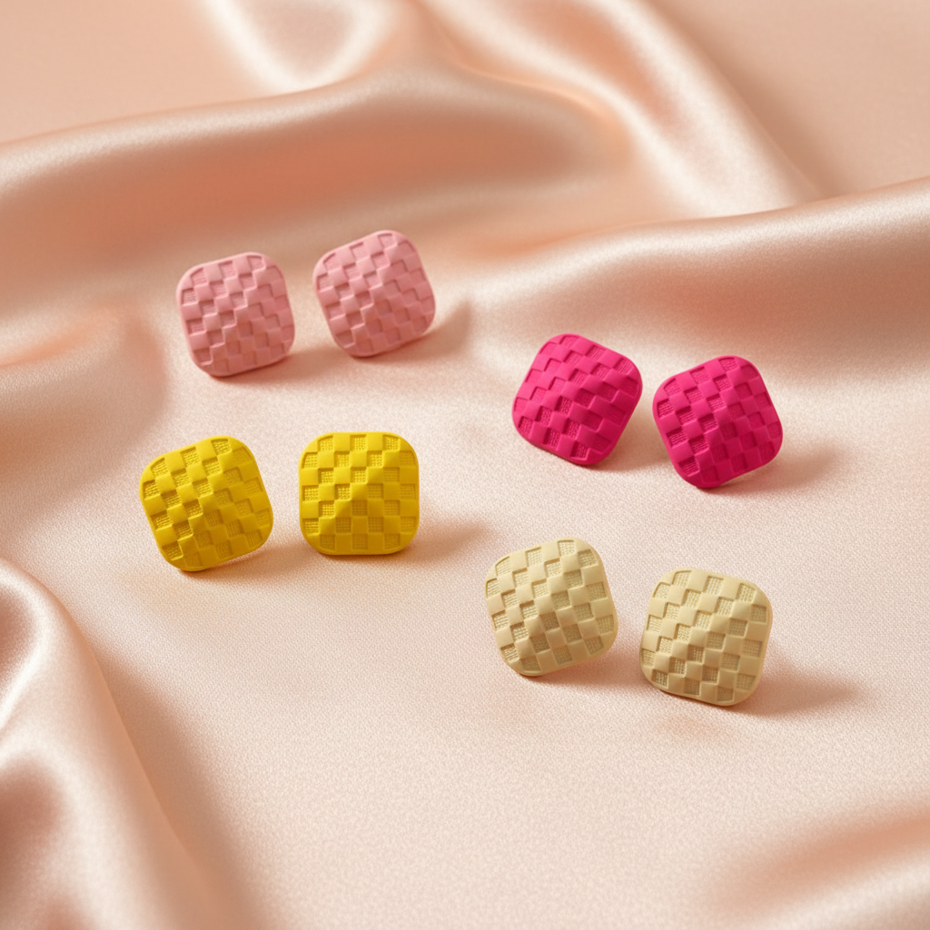 Trendy Textured Square Stud Earrings – Multicolor Matte Finish Set-Stainless steel