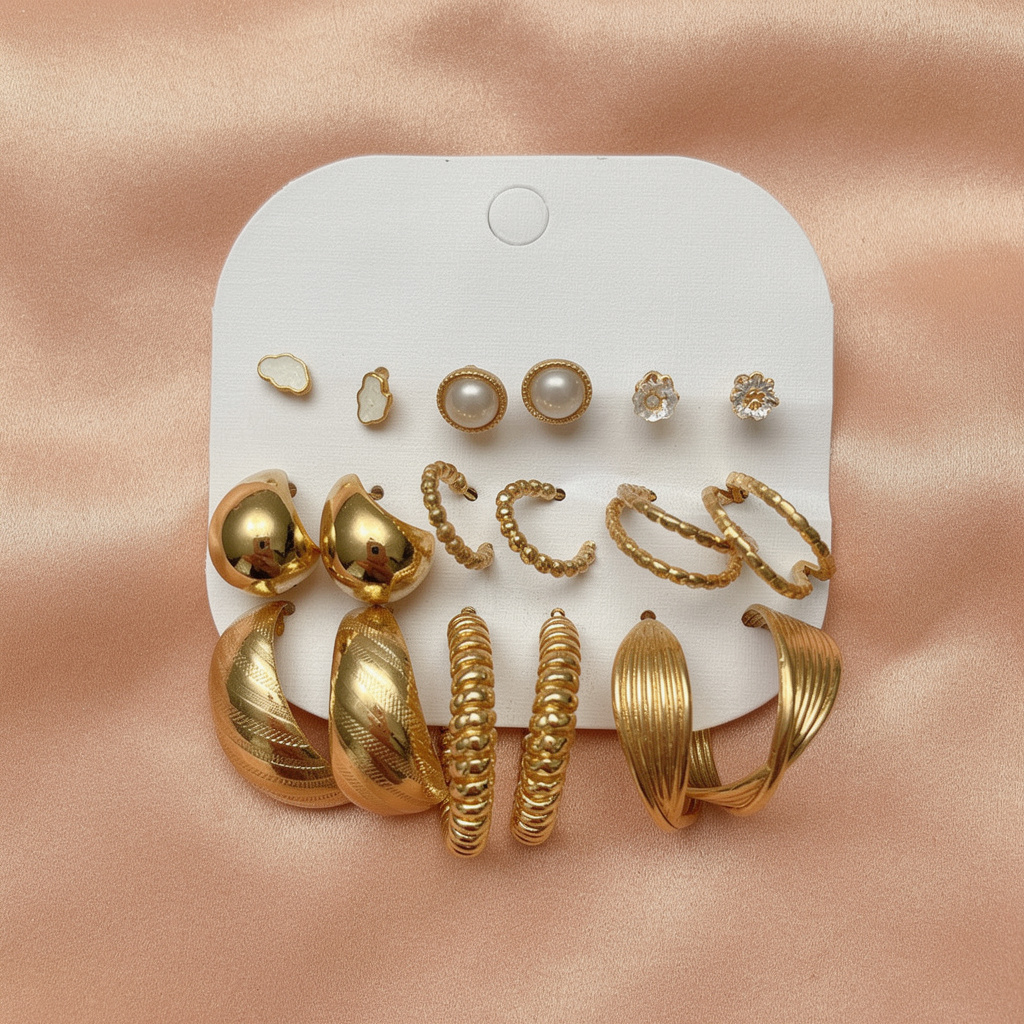 Gold-Tone Pearl & Statement Multi-Style Earrings Set (Pack of 9 Pairs)