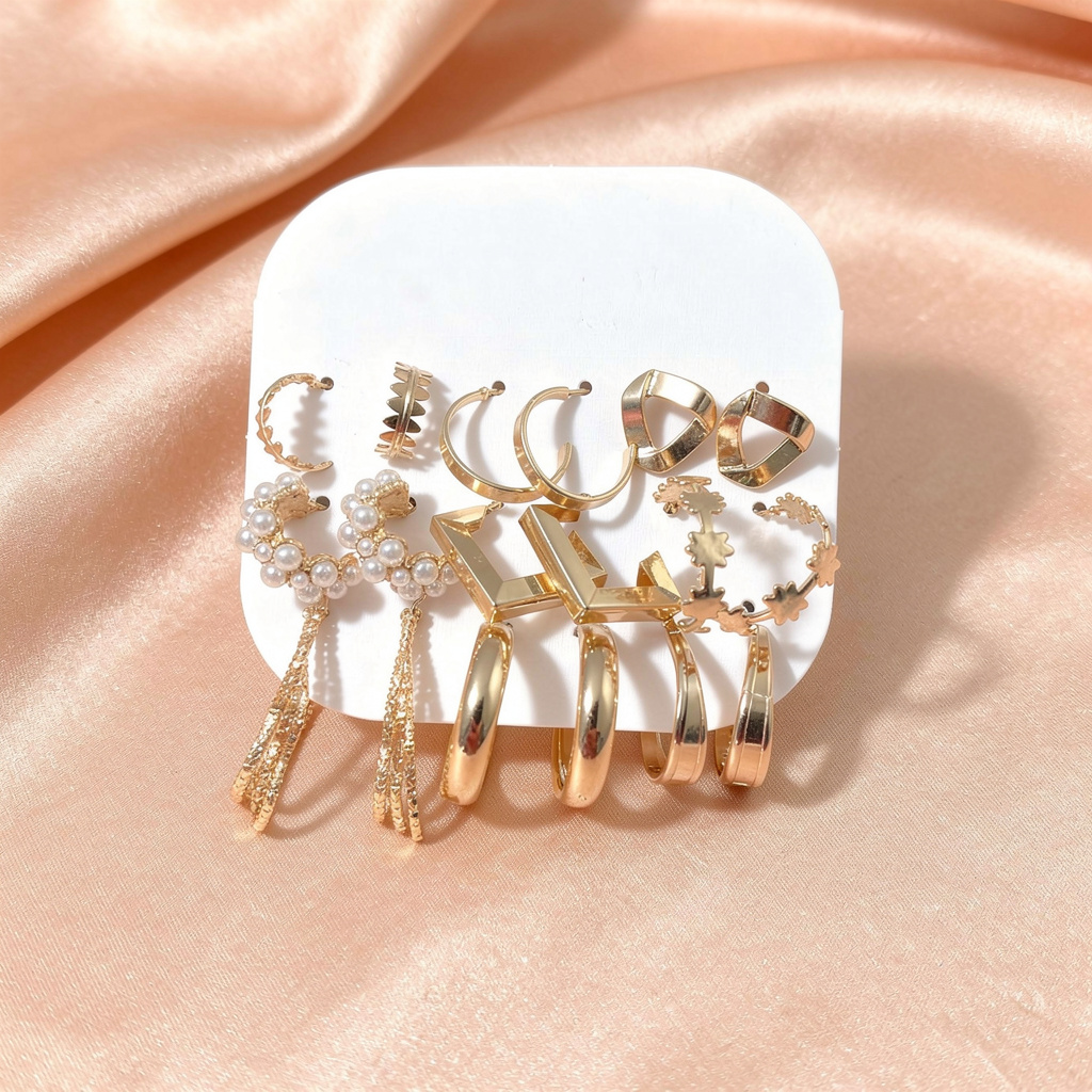 Gold-Tone Pearl & Statement Multi-Style Earrings Set (Pack of 9 Pairs)