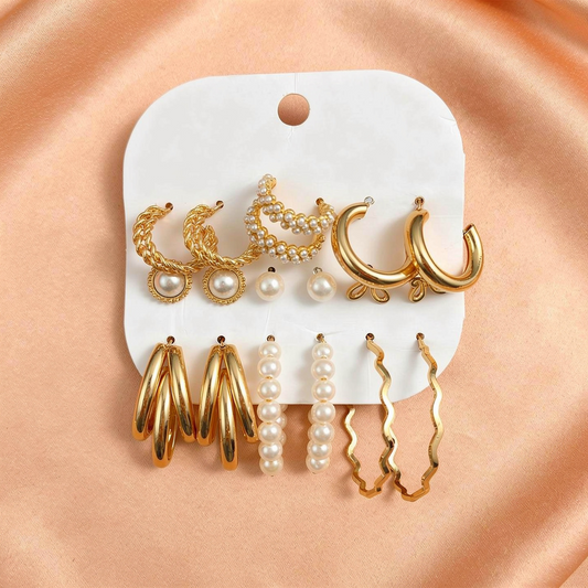 Gold & Pearl Hoop Earrings Set (9Pairs) – Trendy Multi-Style Combo