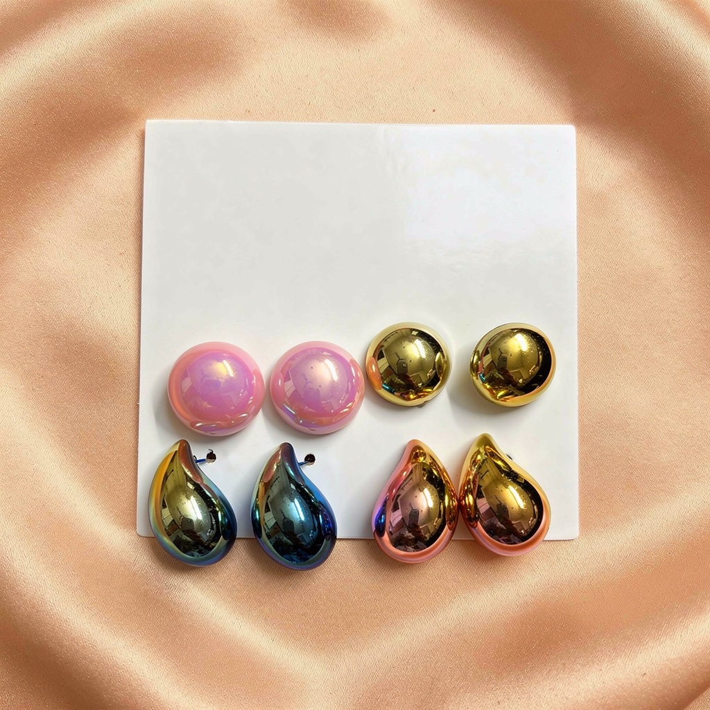 Multi-Finish Stud Earrings Set (3 Pairs) – Glossy & Metallic Combo