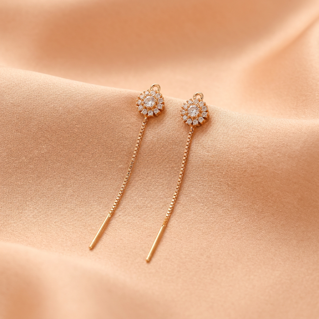 Premium CZ Round Stud Chain Drop Earrings for Women- American Diamond