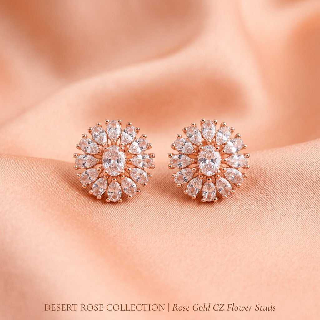 Elegant CZ Floral Round Stud Earrings for Women- American Diamond