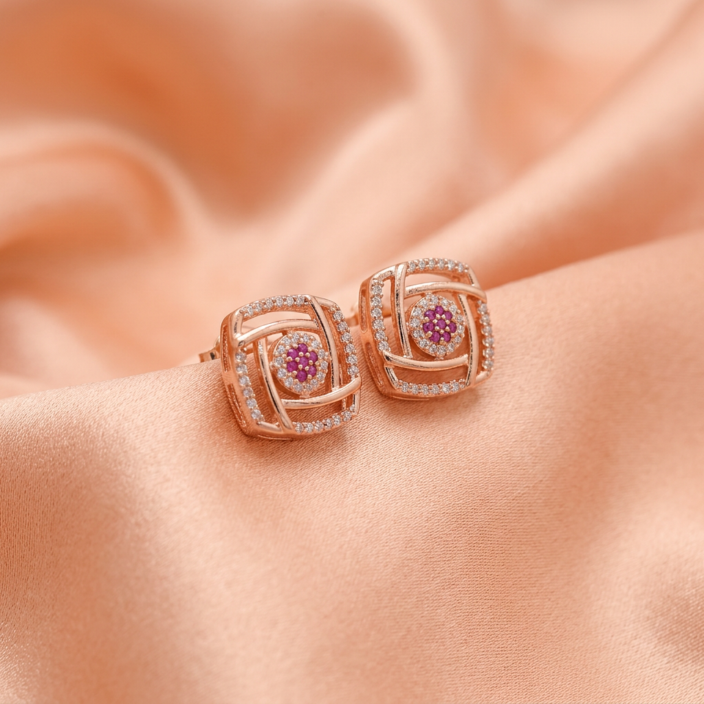 Premium Square CZ Stud Earrings with Ruby Stone – Gold Finish-American Diamond