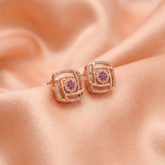 Premium Square CZ Stud Earrings with Ruby Stone – Gold Finish-American Diamond