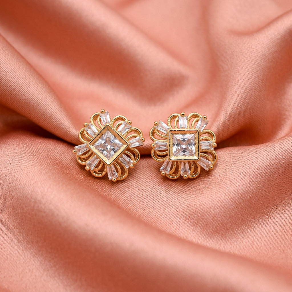 Elegant Floral CZ Stud Earrings with Square Stone – Gold Finish-American Diamond