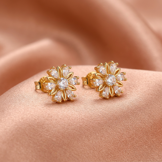 Premium Floral CZ Stud Earrings – Gold Finish-American Diamond