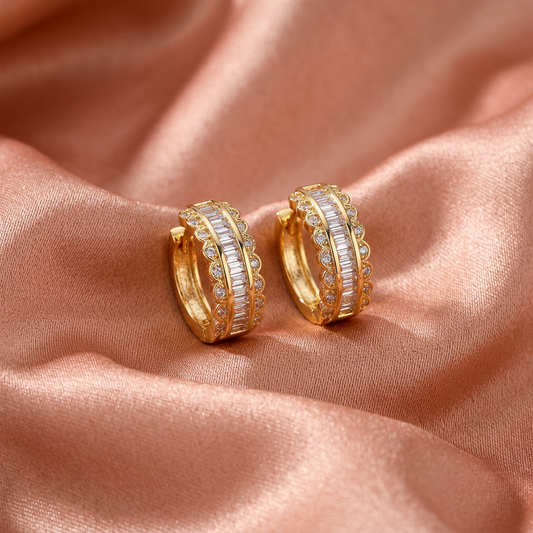Premium Baguette CZ Half Hoop Stud Earrings – Gold Finish-American Diamond