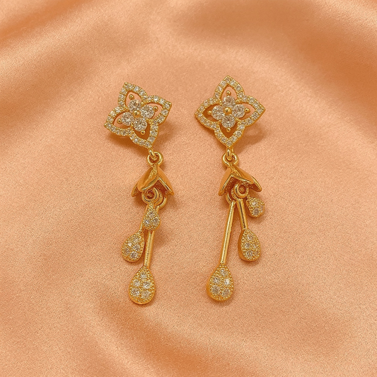 Gold-Plated CZ Floral Drop Earrings – Elegant Hanging Design