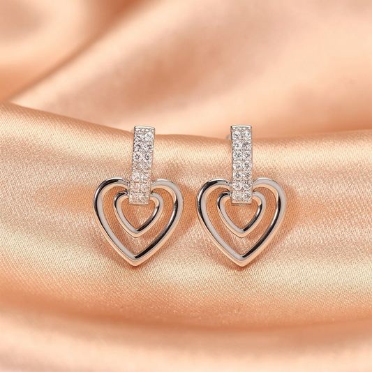 Silver-Tone CZ Heart Drop Earrings – Elegant Double Heart Design-American Diamond