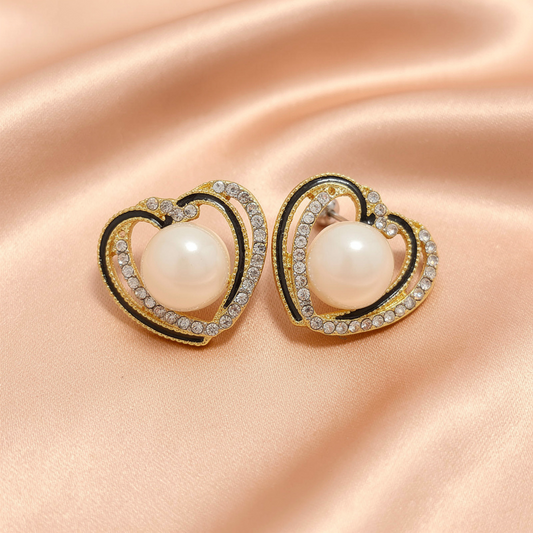 Dual-Tone Heart Stud Earrings with Crystal Detailing – Elegant Statement Design