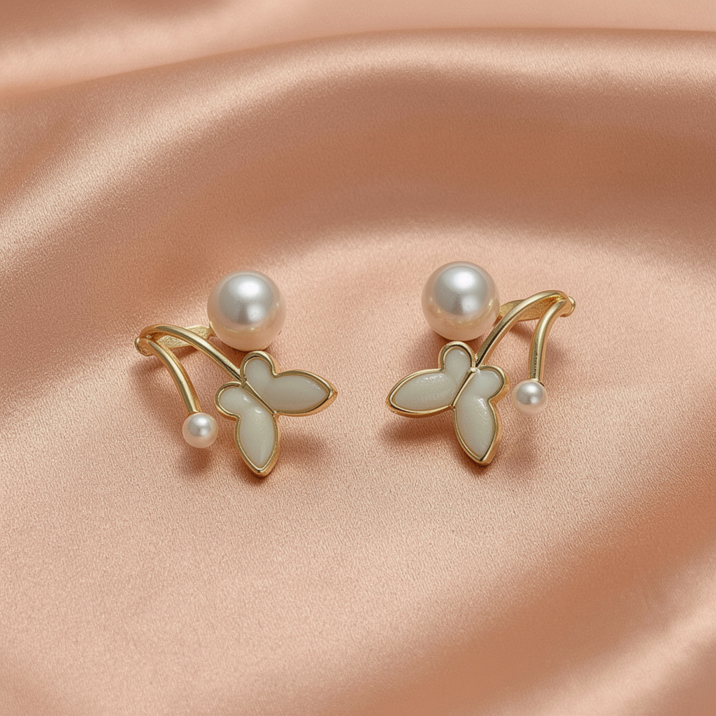 Gold-Plated Butterfly Pearl Drop Earrings – Elegant Minimal Statement