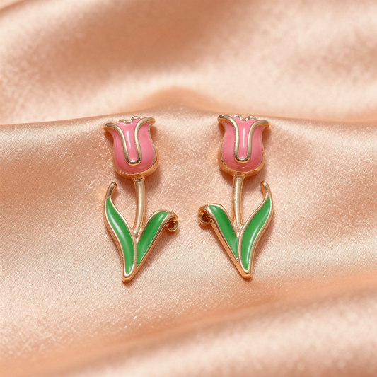 Rose Gold Tulip Drop Earrings – Floral Enamel Statement Design