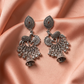 Oxidised Silver Deer Motif Jhumka Earrings with Intricate Tribal Design