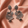 Oxidised Silver Deer Motif Jhumka Earrings with Intricate Tribal Design