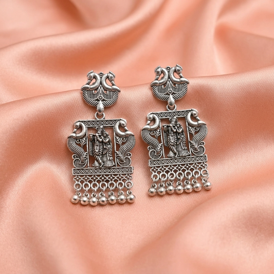 Oxidised Silver Radha Krishna Temple Earrings with Ghungroo Detailing