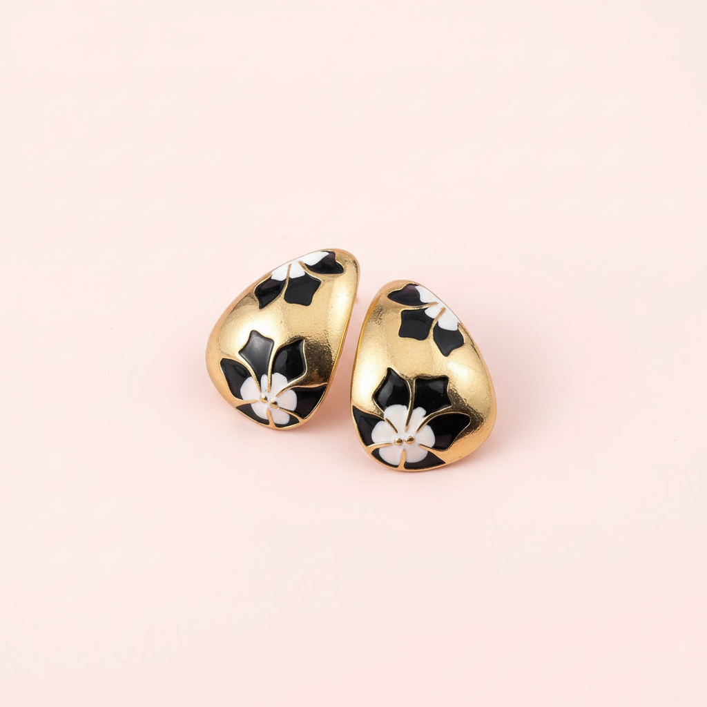 Teal Floral Gold-Tone Stud Earrings – Premium Gloss Designer Statement Studs