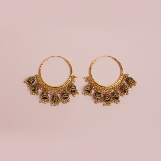 Traditional Gold-Tone Jhumka Hoop Earrings with Pearl Drops – Ethnic Statement Jewelry- Stainless Steel