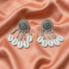 Oxidised Silver Cowrie Shell Drop Earrings with Spiral Tribal Design