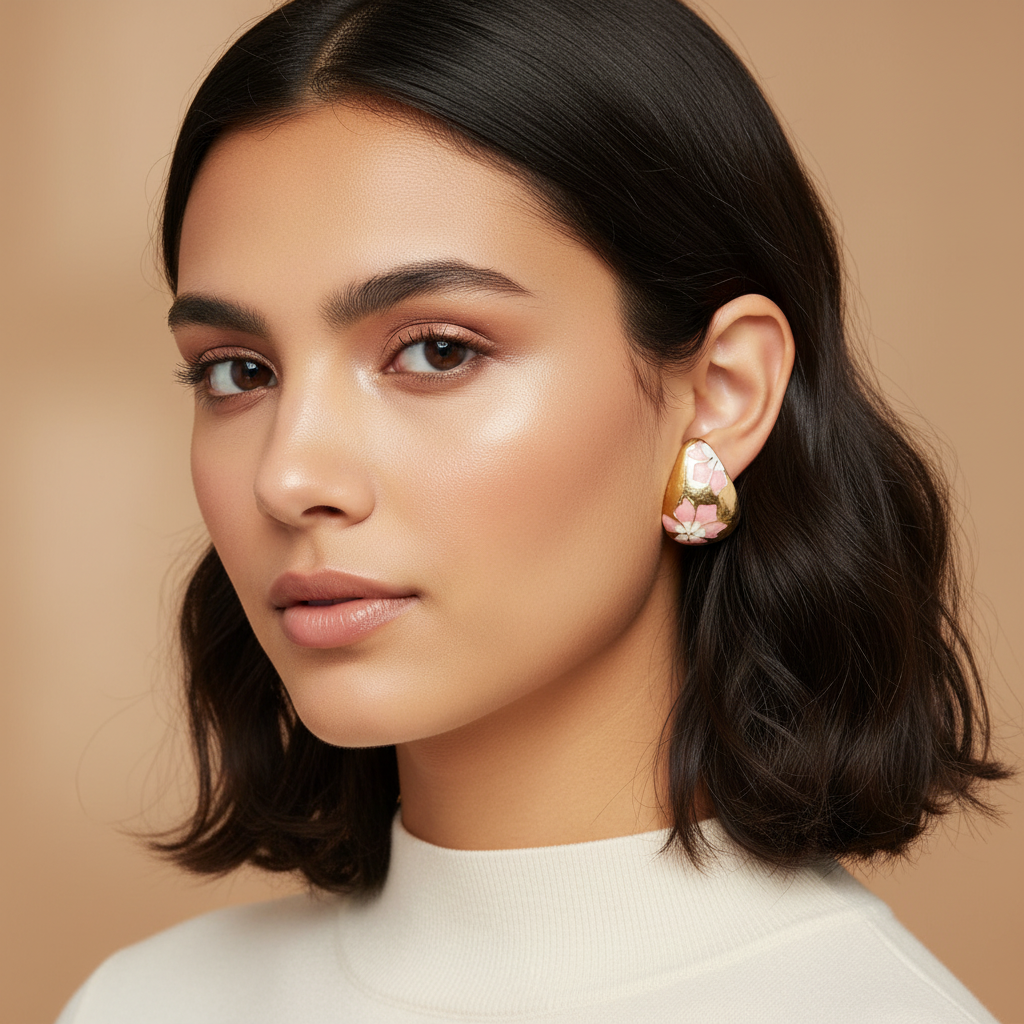 Teal Floral Gold-Tone Stud Earrings – Premium Gloss Designer Statement Studs