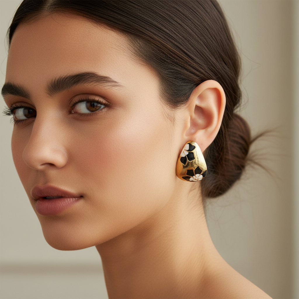 Teal Floral Gold-Tone Stud Earrings – Premium Gloss Designer Statement Studs