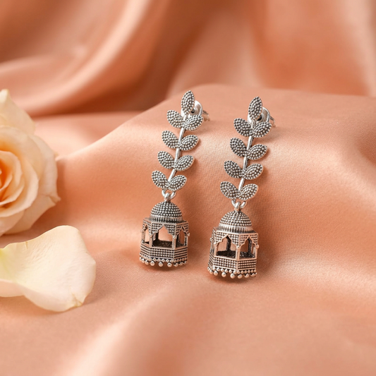 Oxidised Silver Leaf Drop Jhumka Earrings with Temple Dome Design
