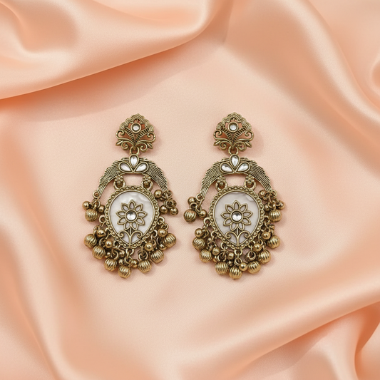 Antique Floral Chandbali Earrings – Traditional Gold Tone Statement Jewellery- Stainless Steel