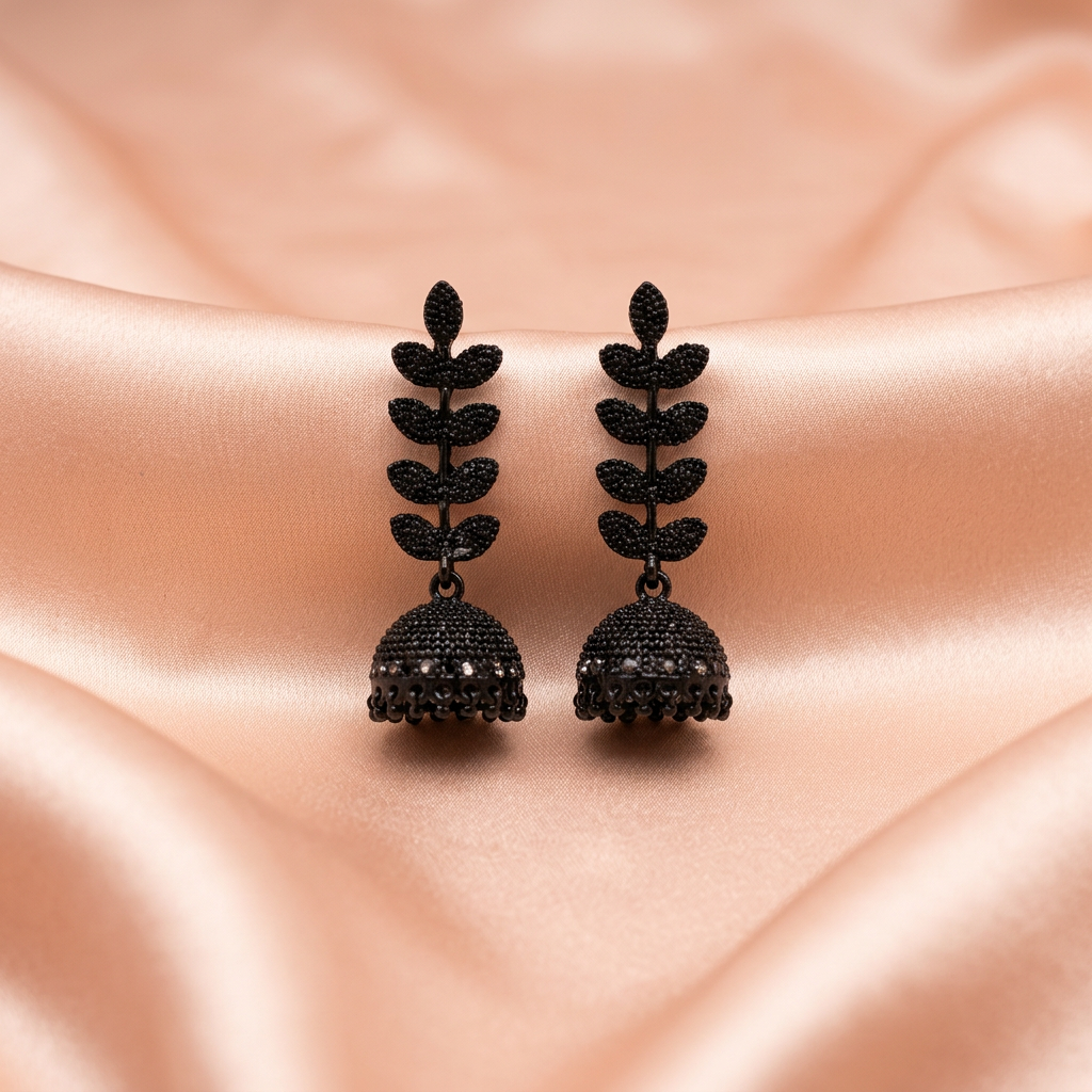 Black Oxidised Leaf Design Jhumka Earrings with Gloss Dome Finish