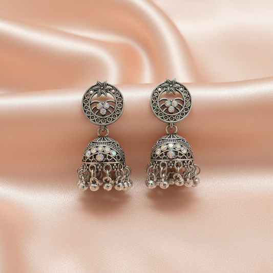 Oxidized Silver Floral Jhumka Earrings with Ghungroo Drops