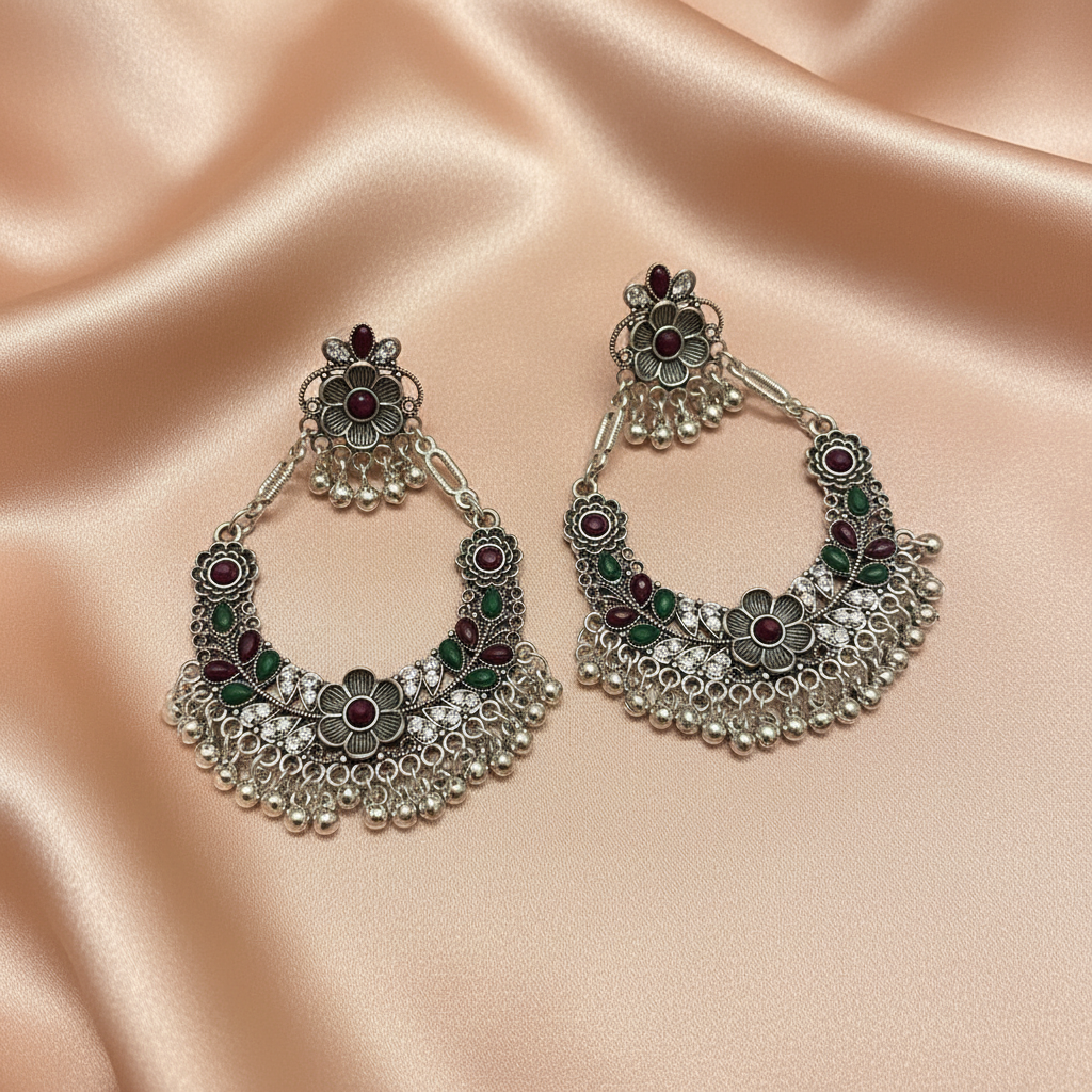 Vintage Oxidised Chandbali Earrings Stones- Stainless Steel