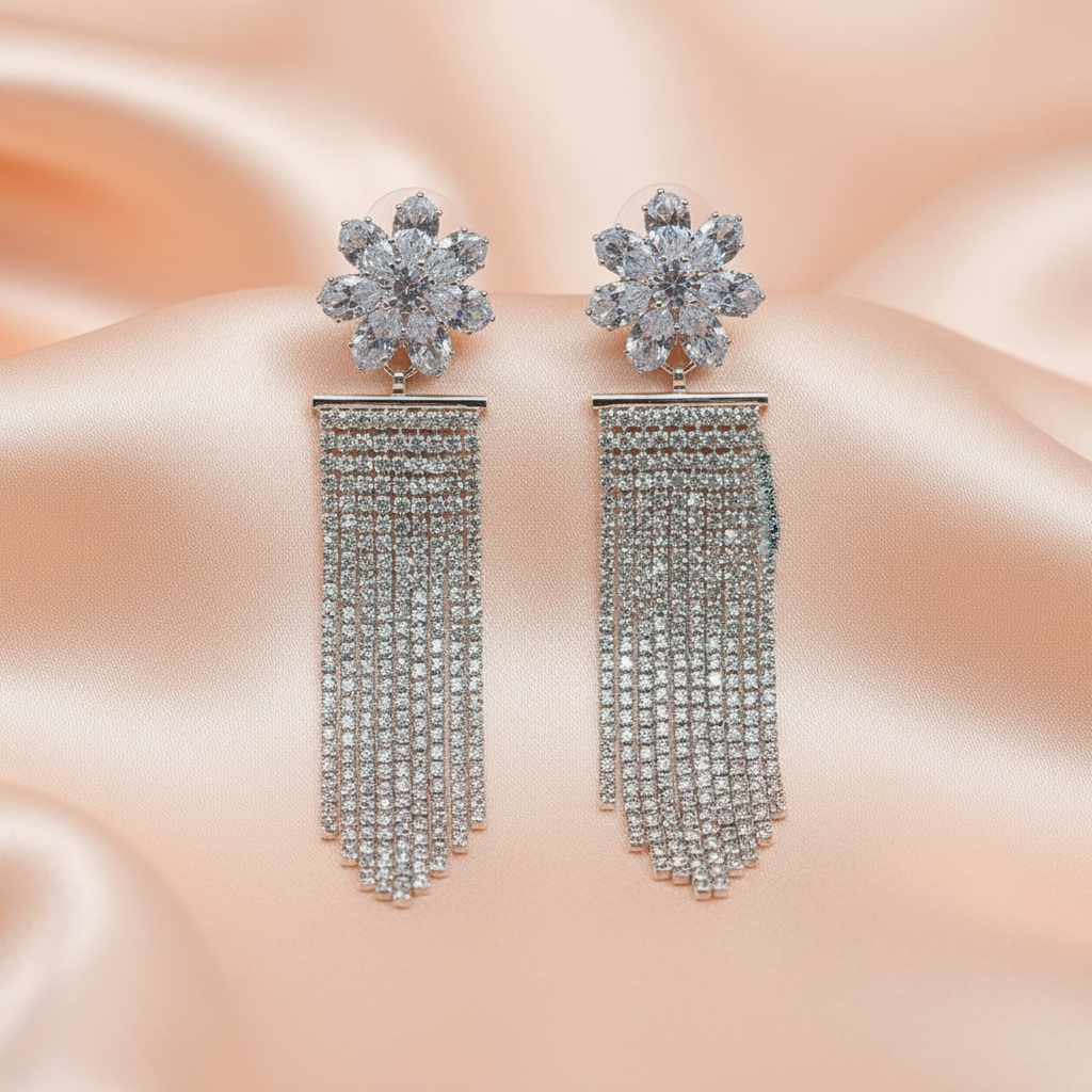 Elegant Floral Stone Tassel Earrings