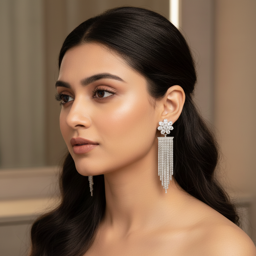 Elegant Floral Stone Tassel Earrings