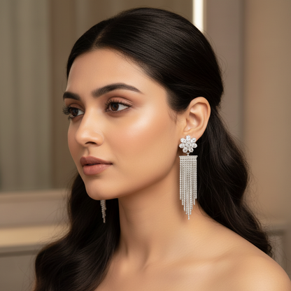 Elegant Floral Stone Tassel Earrings