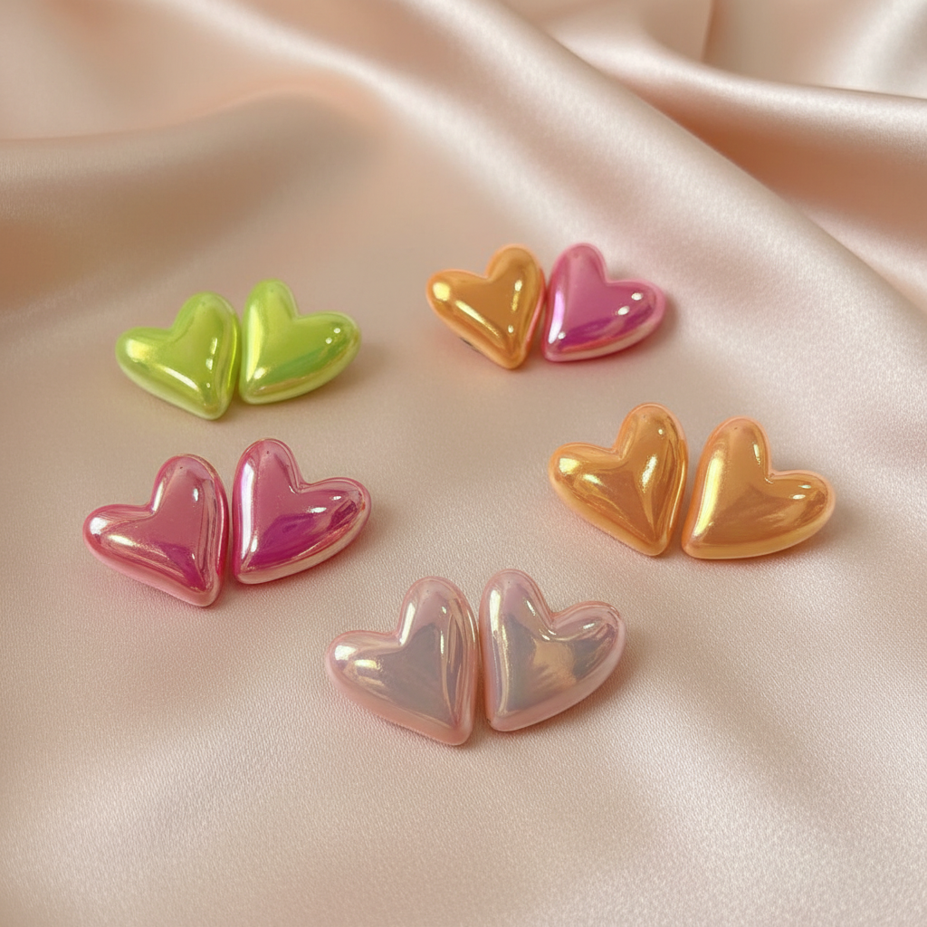 Glossy Heart Stud Earrings – Multicolor Iridescent Finish Set-Stainless steel