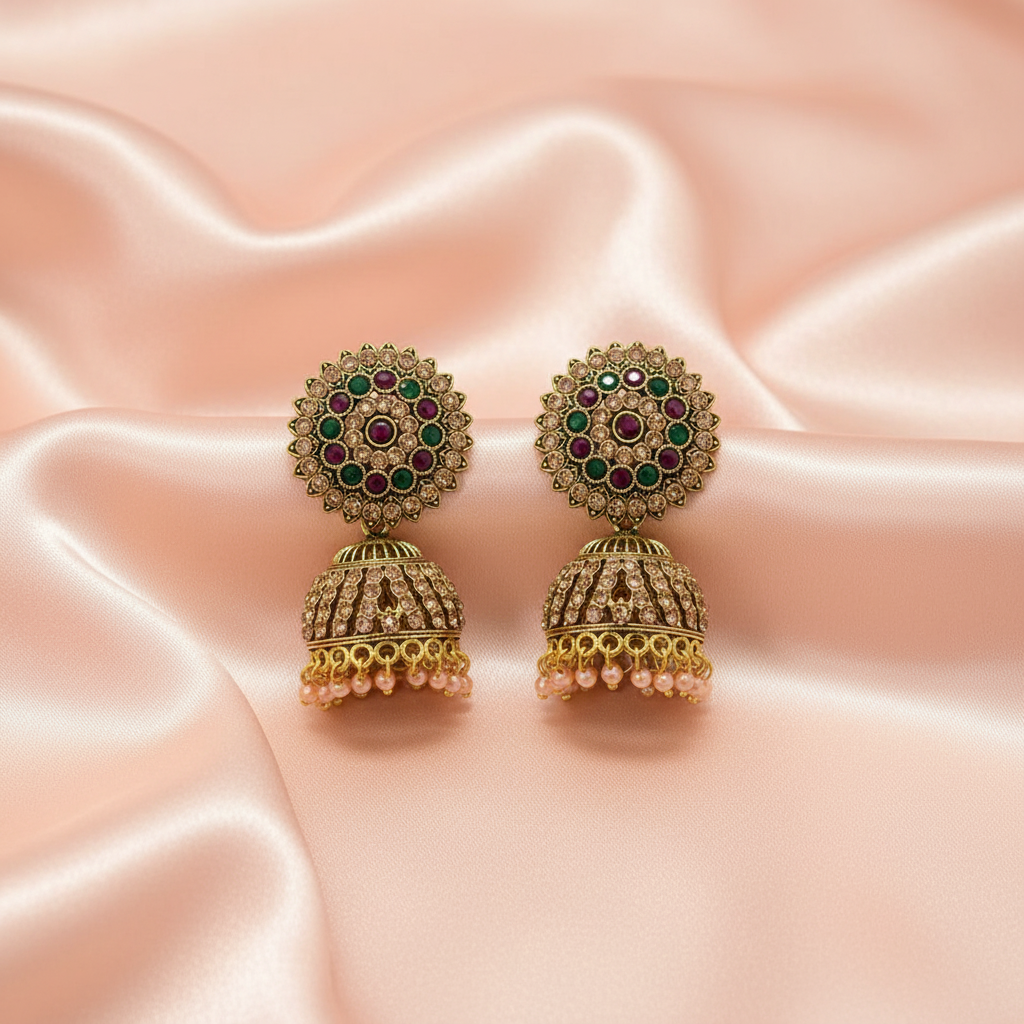 Antique Gold Multicolor Stone Jhumka Earrings with Pearl Drops-Stainless steel