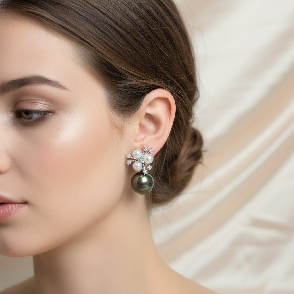 Pearl & Crystal Designer Stud Earrings with Iridescent Drop