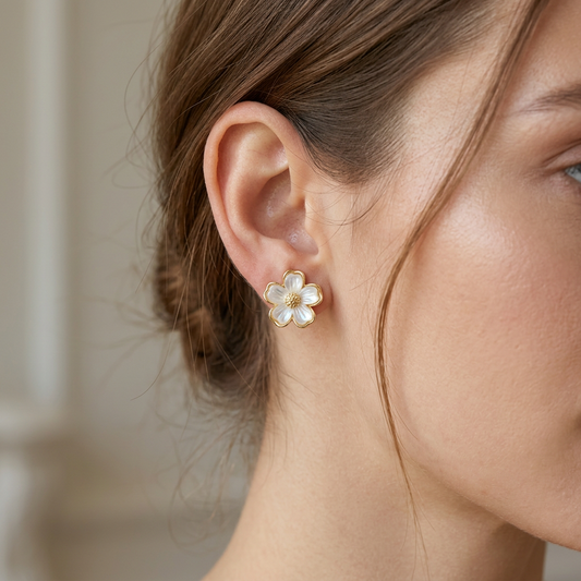 White Floral Enamel Earrings with Gold Outline