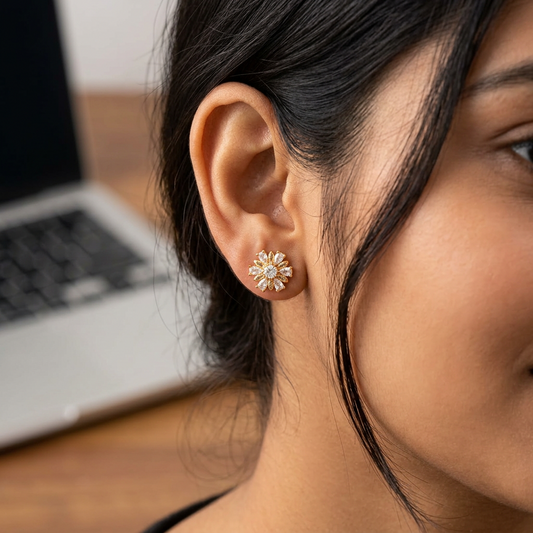 Premium Floral CZ Stud Earrings – Gold Finish-American Diamond